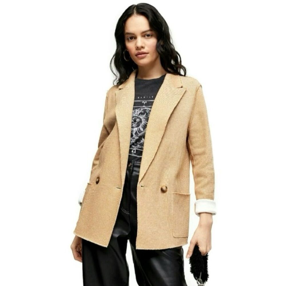 Topshop Beige Raw Edge Double Knit Boyfriend Blazer Jacket Womens US 2 NWT